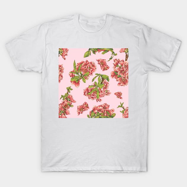 Watercolor quince branch on pink T-Shirt by orsinha